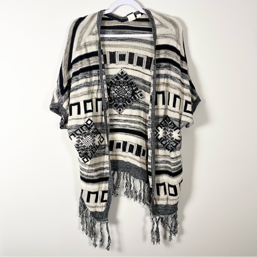 Roxy Womens Open Front Cardigan Kimono Style Sweater Geometric Festival Fringe